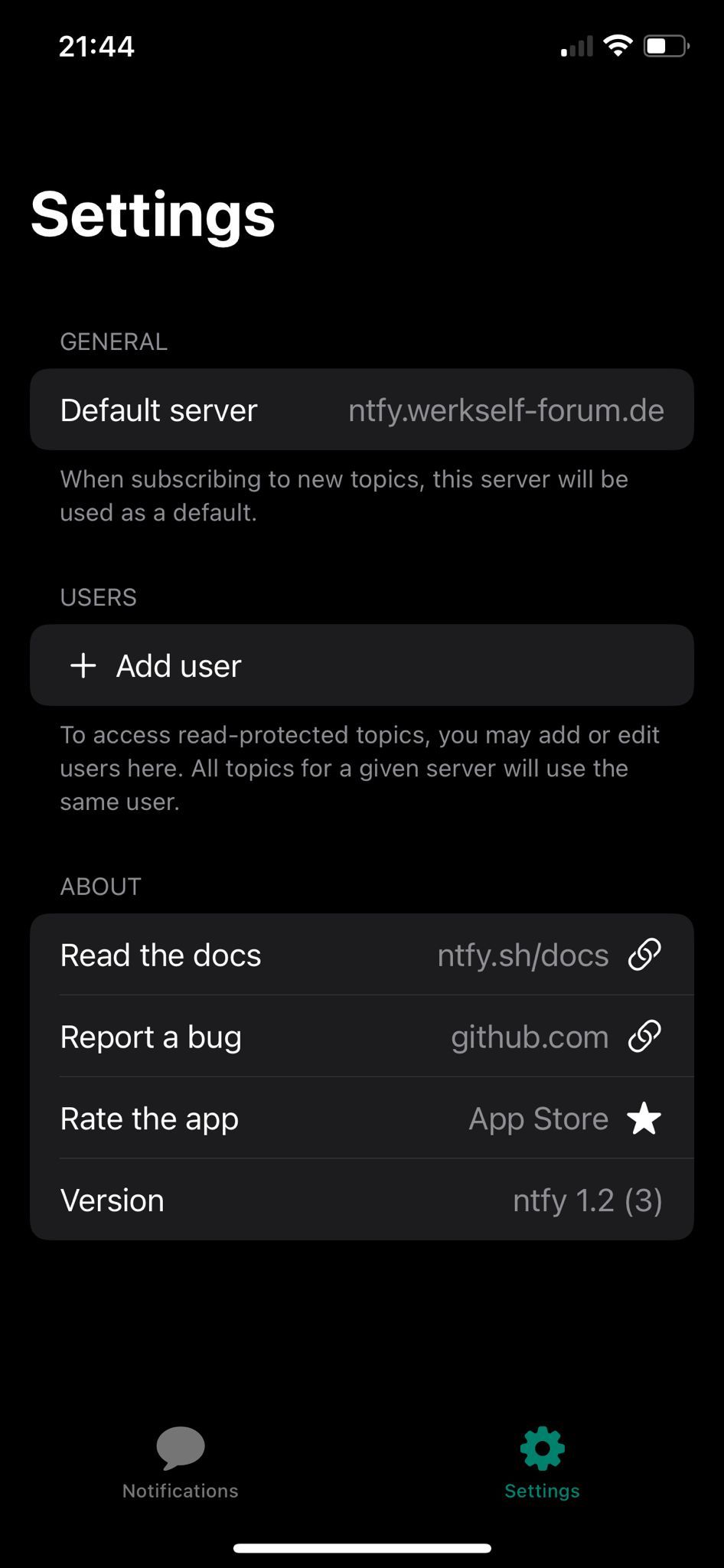 Ntfy Settings iOS